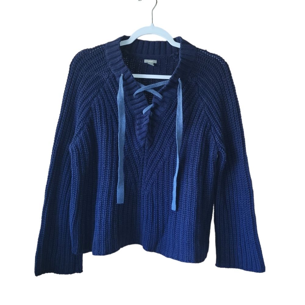 Aerie Chunky Knit Lace Up Pullover Royal Blue Sweater